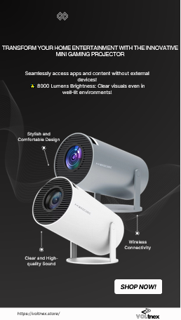 Mini gaming projector with features and design details on a black background